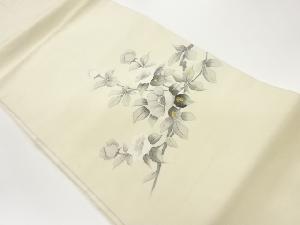 手織り紬金彩手描き枝葉に花模様名古屋帯